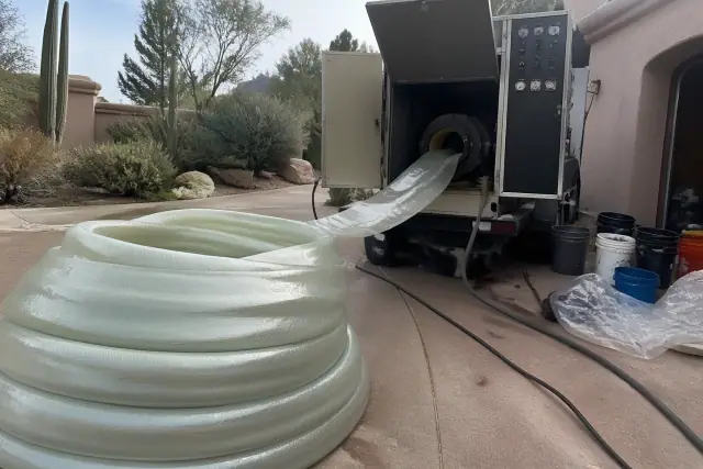 Resin-coated flexible liner coiled next to a hydraulic inversion machine at a sewer pipe lining jobsite in Scottsdale, AZ.