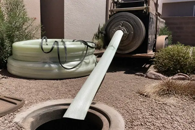 Resin coated flexible liner being fed into a sewer pipe at a job site in Gilbert, AZ.
