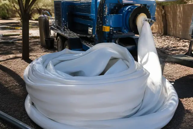 Resin coated pipe liner coiled next to a hydraulic inversion machine at a job site in Phoenix, AZ.
