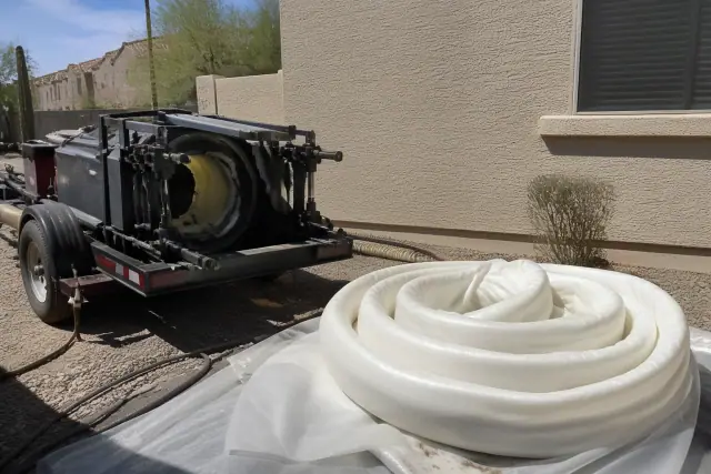 Resin-coated pipe liner and hydraulic inversion machine at a sewer pipe lining jobsite in Avondale, AZ.