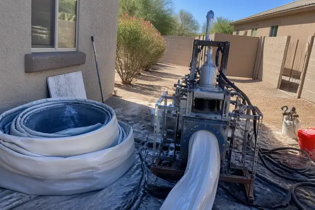 Resin-coated pipe liner and hydraulic inversion machine at a sewer repair worksite in Mesa, AZ.