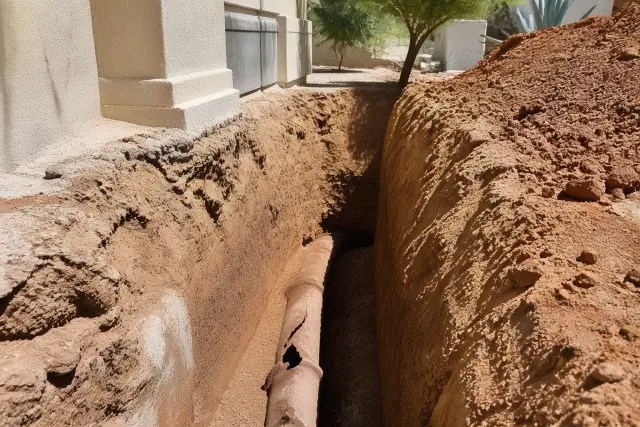 Deep trench exposing a cracked pipe in a desert landscape during a sewer service project in Phoenix, AZ.