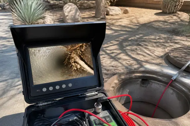 Sewer camera inspection monitor showing pipe wall conditions and tree roots at a jobsite in Phoenix, AZ.