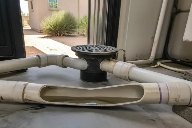 Standing water inside a sagging PVC drainage pipe in an industrial utility room in Phoenix, AZ.