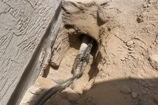 Hydraulic bursting head in a trenchless pipe bursting pit at a residential jobsite in Phoenix, AZ.