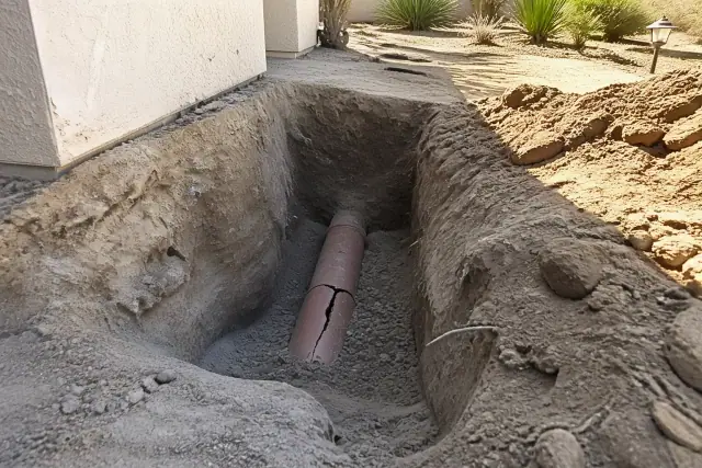 Excavated trench showing a cracked terra cotta sewer pipe during a targeted spot repair in Phoenix, AZ.