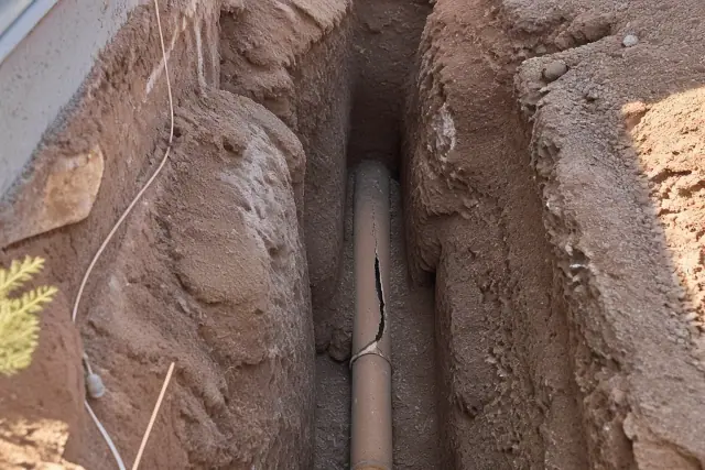 Deep trench revealing a cracked terra cotta sewer pipe in red desert soil at a construction site in Phoenix, AZ.