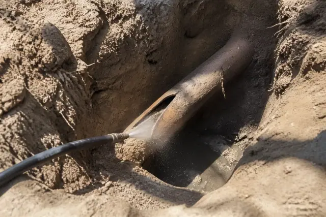 Hydro jetting removing tree roots from a cracked pipe in a deep trench at a jobsite in Phoenix, AZ.