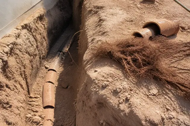 Tree root removal from a cracked sewer pipe in a desert soil trench in Phoenix, AZ.