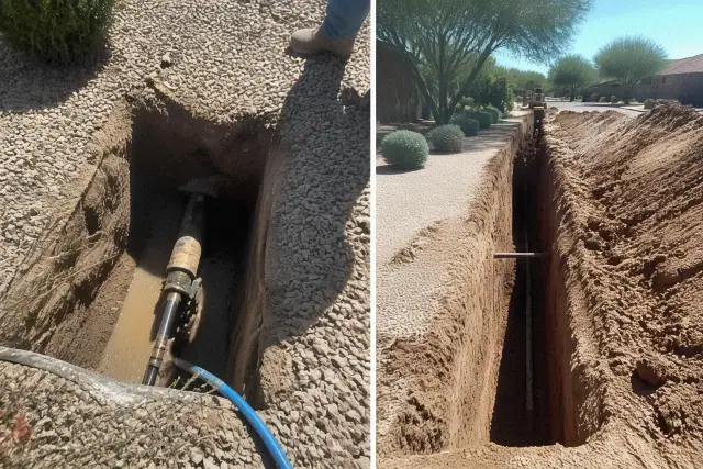 Trenchless pipe bursting access pit compared to a full trench in a Phoenix, AZ residential yard.