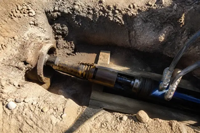 Hydraulic bursting head positioned in a small pipe entry pit at a trenchless lining jobsite in Phoenix, AZ.