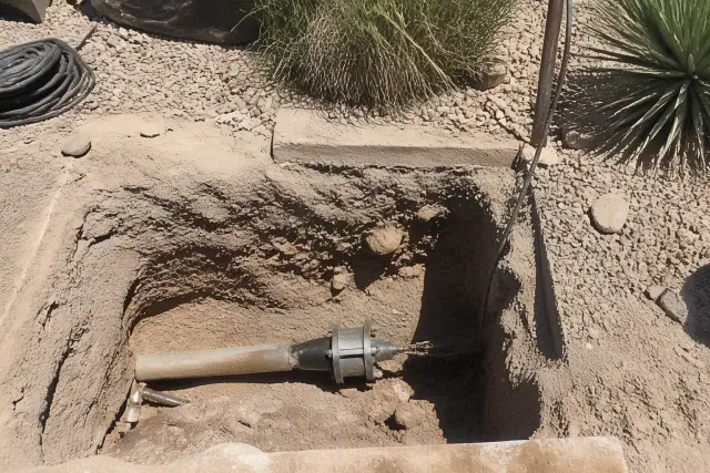 Trenchless pipe bursting equipment in an open excavation pit at a job site in Phoenix, AZ.