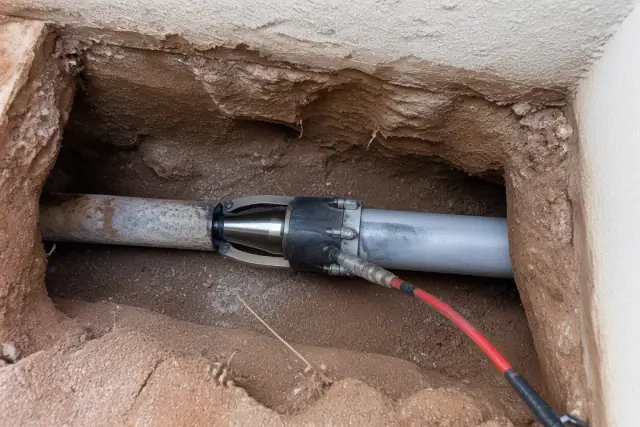 Hydraulic bursting head in a trenchless pipe repair pit against a stucco wall in Phoenix, AZ.