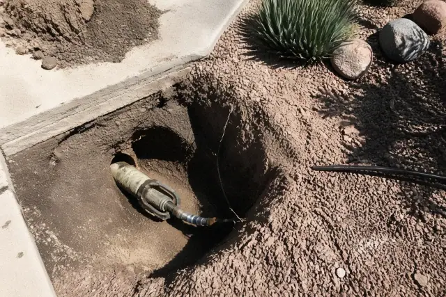 Hydraulic bursting head in an entry pit for trenchless sewer pipe lining in Phoenix, AZ.