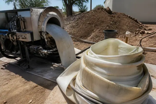 Resin-coated sewer liner and hydraulic inversion machine at a jobsite in Phoenix, AZ.