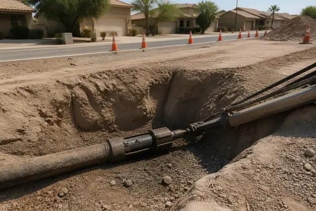 Trenchless sewer pipe bursting pit with a hydraulic head in a residential backyard in Avondale, AZ.