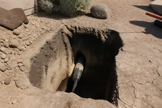 Hydraulic bursting head positioned in an entry pit for sewer pipe repair in Gilbert, AZ.