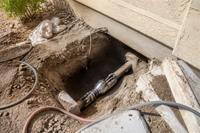 Trenchless sewer repair showing a pipe bursting head in an entry pit at a residential site in Glendale, AZ.