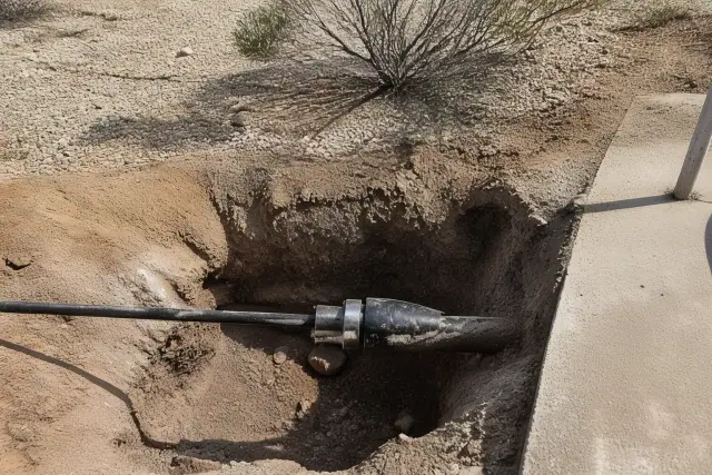 Hydraulic bursting head inside an entry pit for trenchless sewer repair in Peoria, AZ.