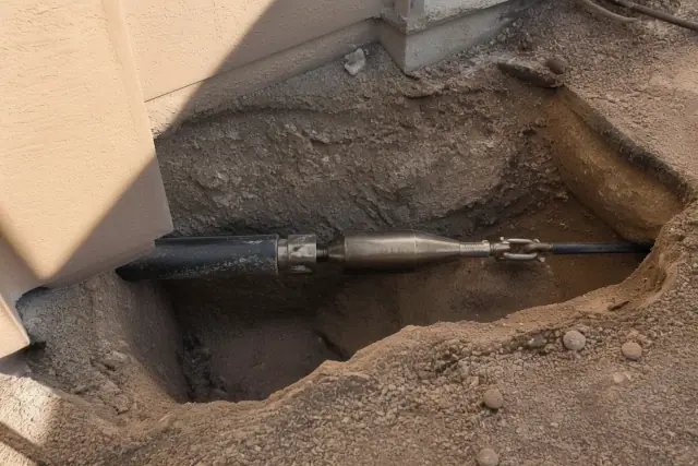 Hydraulic bursting head in an entry pit during a trenchless sewer repair project in Tempe, AZ.