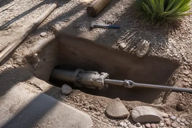 Hydraulic bursting head in a small sewer repair pit at a job site in Chandler, AZ.
