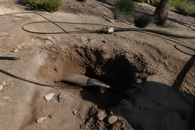 Trenchless sewer pipe bursting equipment in an entry pit at a job site in Surprise, AZ.