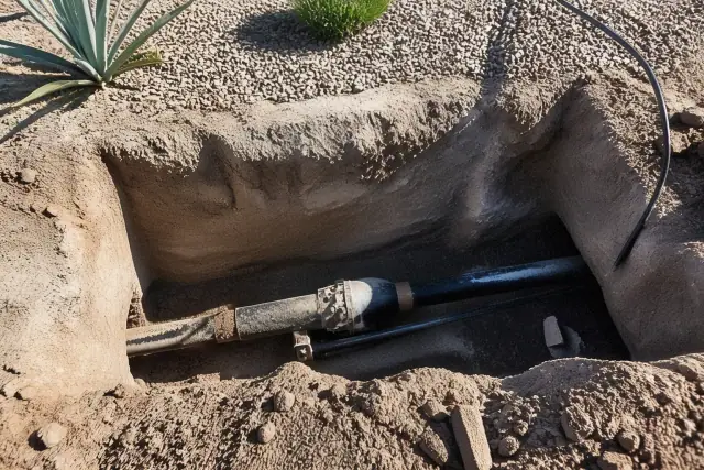 Hydraulic bursting head inside an entry pit for trenchless sewer repair at a job site in Scottsdale, AZ.