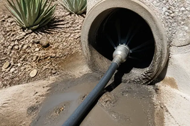 High pressure hydro jetting nozzle clearing debris from a drain pipe in a desert landscape in Phoenix, AZ.