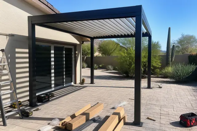 12x12 aluminum louvered pergola installation on a stone patio in Phoenix, AZ.