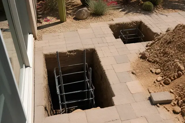 Deep footings with steel rebar cages for a 400-square-foot ramada project in Phoenix, AZ.