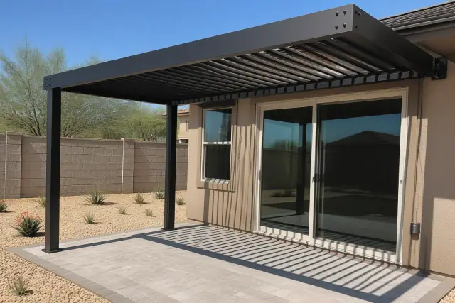 Adjustable pergola installed over a paved patio in a residential backyard in Phoenix, AZ.