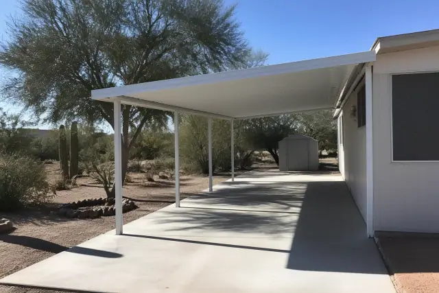 Aluminum carport installed over a concrete slab on a sunny day in Phoenix, AZ.