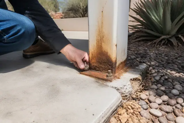 Rusted steel carport column base with loose anchor bolts on a concrete pad in Phoenix, AZ.