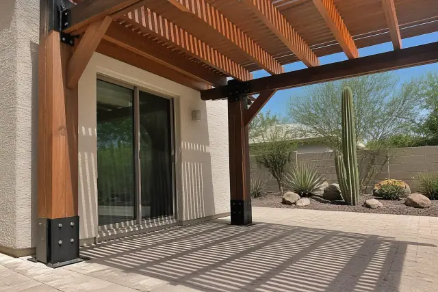 A close-up of a mounting bracket for attached and freestanding connections on a residential patio in Phoenix, AZ.