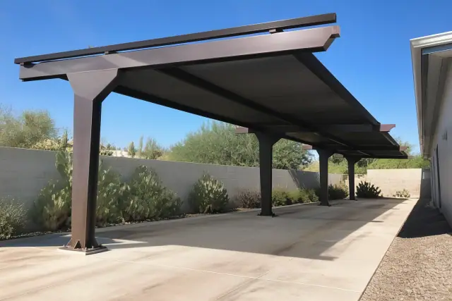 Cantilever carport structure with steel mounting plates on a concrete driveway in Phoenix, AZ.