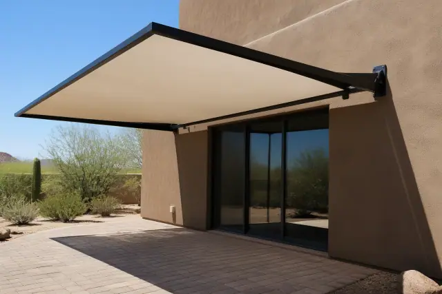 Cantilever shade structures over a paved stone patio in Phoenix, AZ, with desert xeriscaping.