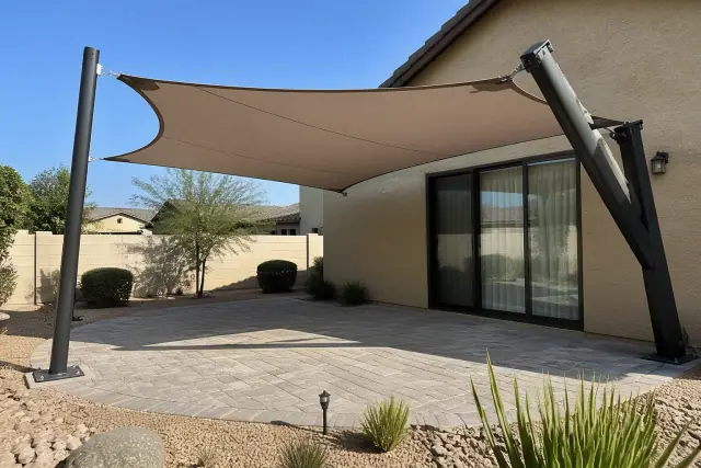 Cantilever shade structure with fabric canopy over a paved stone patio at a desert home in Gilbert, AZ.