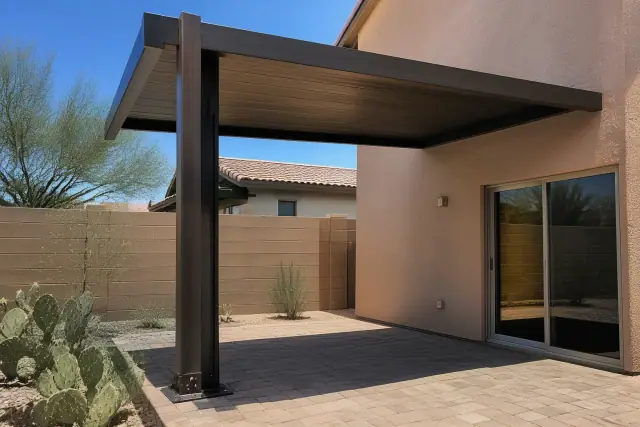 Cantilever shade structure with steel base bolted to a paved patio in a Glendale, AZ backyard with prickly pear cactus.
