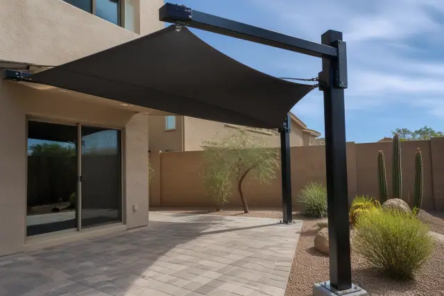 Cantilever shade structure with tensioned fabric over a paved patio in a residential backyard in Chandler, AZ.