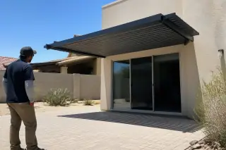 Contractor inspecting a cantilever shade structure over a stone patio in a Phoenix, AZ backyard with cactus landscaping.