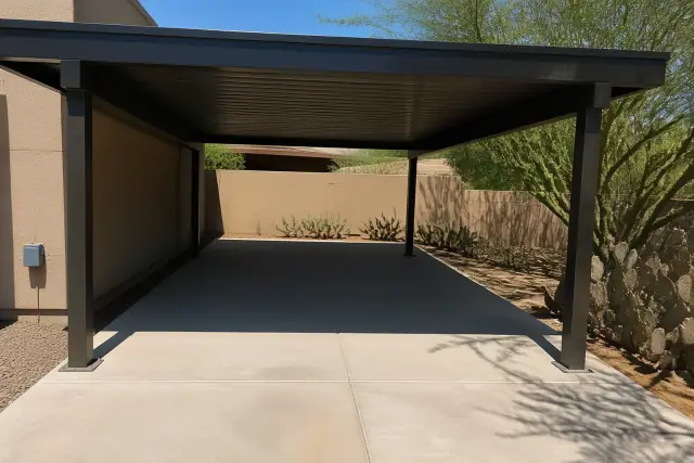 Carport installation over a concrete driveway in Scottsdale, AZ, featuring steel support columns and desert landscaping.