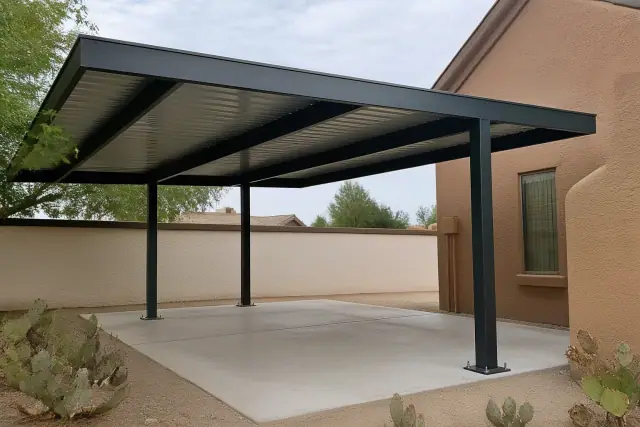 Metal carport structure installed over a concrete driveway pad next to a stucco building in Glendale, AZ.