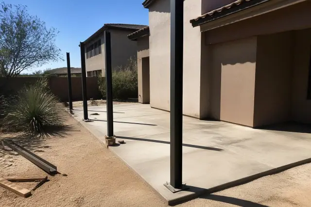 Steel carport support posts installed on a concrete driveway slab at a home in Gilbert, AZ.
