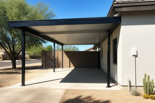 Completed metal carport installation on a concrete driveway in Phoenix, AZ.