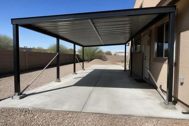 Metal carport frame installation on a concrete driveway in Queen Creek, AZ.