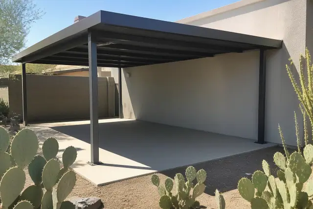Finished metal carport structure installed on a concrete driveway in Mesa, AZ.