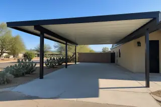 Metal carport with support posts over a concrete driveway in a Phoenix, AZ backyard with prickly pear cactus.