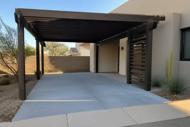 Carport-pergola combination installed over a concrete driveway in Phoenix, AZ.