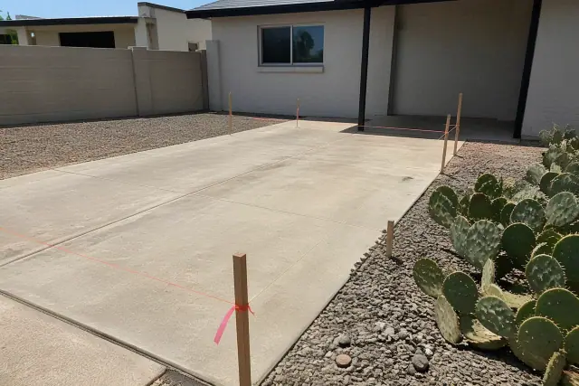 Carport site plan layout with stakes and markers on a concrete driveway in Phoenix, AZ.