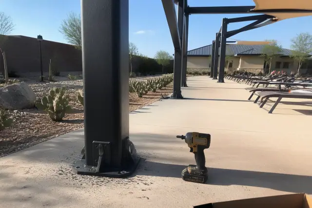 Steel shade structure installation with mounting brackets on a pool deck in Queen Creek, AZ.